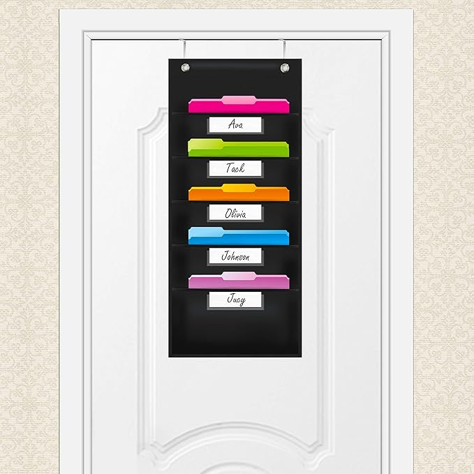 Vantasii Organization Pocket Chart, Wall File Organizer Folder with 5 File Pockets, 5 Dry-Erase Name Cards Plus 2 Over Door Hooks, 14 X 28 inch