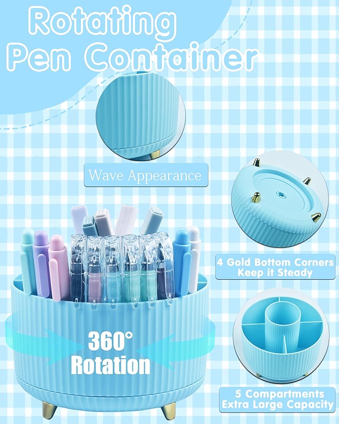 Blue Desk Accessories, 20Pc Office Supplies and 360°Pen Holder Desk Organizers, with Tape Dispenser, Stapler, Staple Remover, Ect, Let the Color Blue Fill Your Desktop