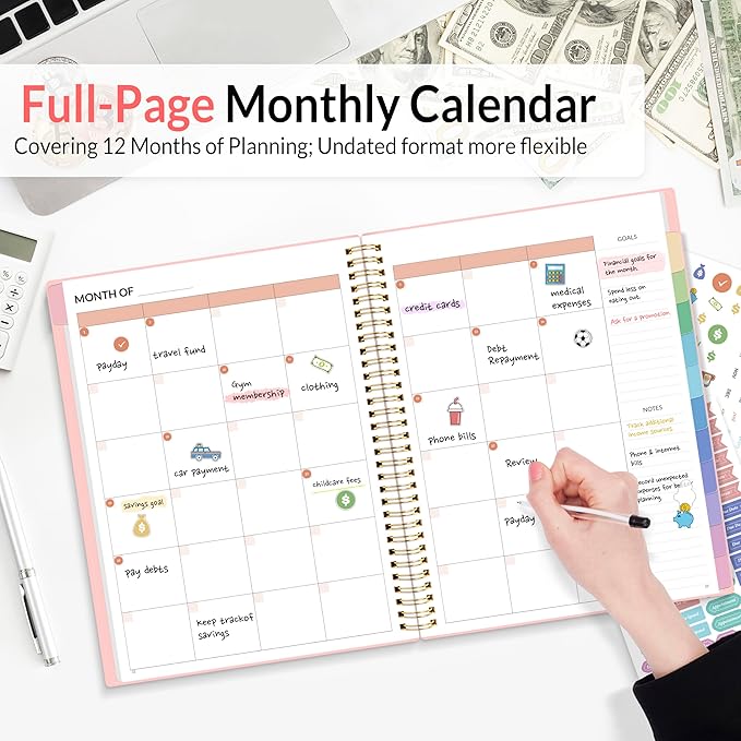 SUNEE Budget Planner - Monthly Budget Book with Expense Tracker Notebook, A4(8.5" x 11") Undated 12 Month Bill Organizer & Finance Planner to Manage Your Money, Account Book with Colorful Tab, Pink
