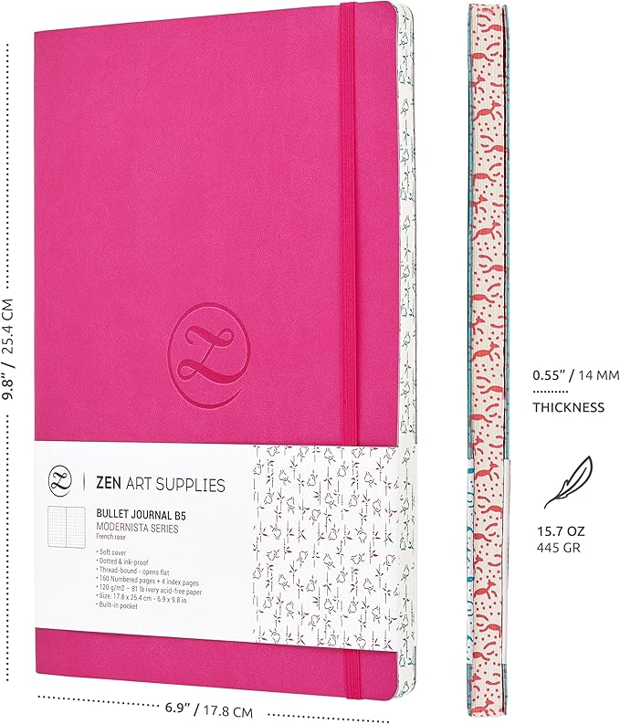 Cute Large B5 Dot Journal - Enjoy Bullet Journaling with a Soft Cover 7x10-inch, Non-Bleed Thick 120gsm Paper, Dotted Journal in Pink, Japanese Edge Motif, Faux Leather Lay Flat Dot Notebook ZenART