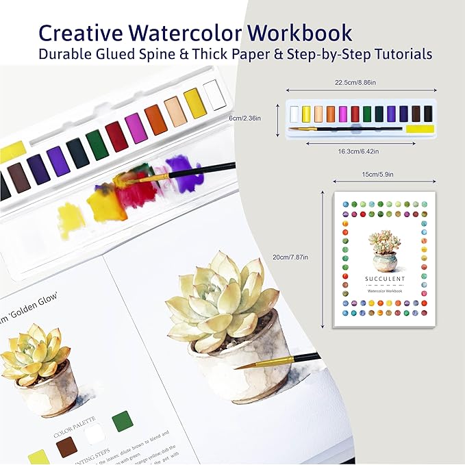 CraftyManor Watercolor Workbook Creative Fruit Water color Paint Book Set with Paints & Brush, 12 Patterns of Original DIY Designs, Beginner-Friendly Adult Coloring Books (Succulent)