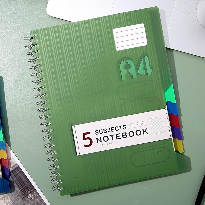 CAGIE 5 Subject Notebook with tabs 8.5'' x 11'', Hardcover Notebook with 5 Colored dividers, Spiral Notebook Wide Ruled for Work 262 Page, Multi-Subject Notebooks for School Office Supplies, Green