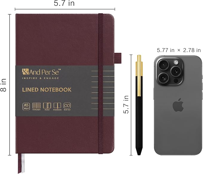 &And Per Se Lined Journal and Pen Set, A5 Leather Hardcover Notebook with Pen & Stationary Set, 160 Pages 100GSM Thick Ruled Paper Journal for Business Work Writing (Dark Red)