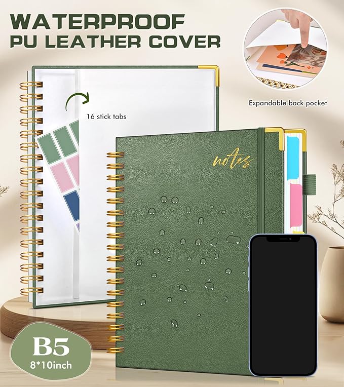 5 Subject Spiral Notebook Journal with Removable Dividers Tabs, 300 Pages Organizer Notebooks for Work School, 8"x10" Hardcover Leather Notebook College Ruled, Large Lined Journal for Women Men,Green