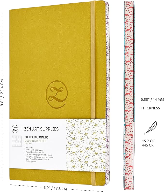 Lay Flat Large B5 Dotted Journal - Enjoy Bullet Journaling with a Soft Cover 7x10-inch, Non-Bleed Thick 120gsm Paper, Dot Journal in Yellow, Japanese Edge Motif - Faux Leather Dot Notebook ZenART