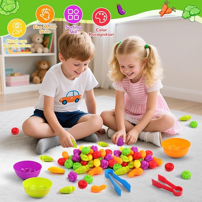 USATDD Counting Vegetables Color Sorting Matching Games with Bowls Preschool Learning Activities Sensory Toys Montessori Toys Easter Basket Stuffers Gifts for Toddlers Kids Boys Girls Aged 3-5