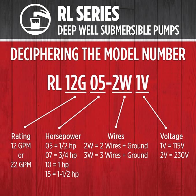 Red Lion RL12G10-3W2V Submersible Well Pump, 1 HP, 3-Wire, 230V, 12 GPM