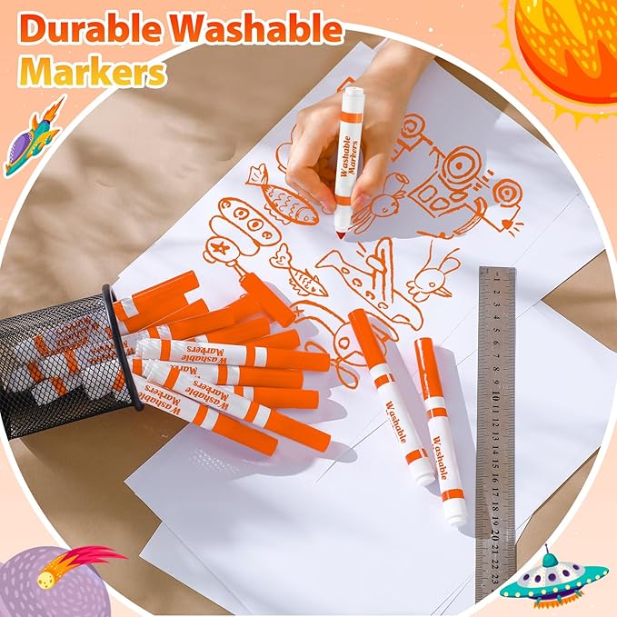 24 Pcs Washable Markers Bulk Broad Line Markers Coloring Conical Tip Large pens for Kids art projects, Teachers, Students, Toddlers, Party Favors, Classrooms, Donations(Orange)