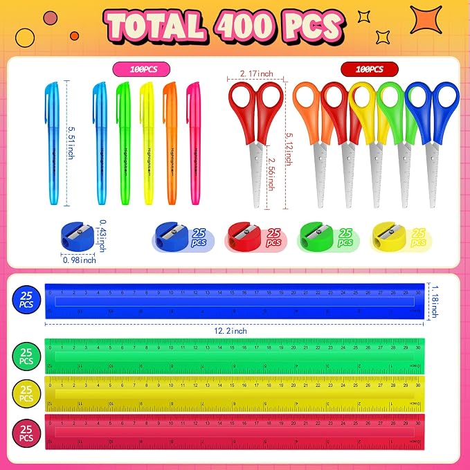 400 Pcs Back to School Supplies Kit Include 100 Student Scissors 100 12 Inch Plastic Rulers 100 Pencil Sharpeners 100 Highlighters for School Classroom Home Charity Donation Supplies (400)