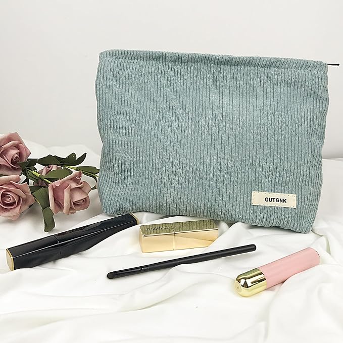 GUTGNK Corduroy Ladies Cosmetic Bag, Large Capacity Canvas Cosmetic Bag Travel Toiletry Bag Accessories Organizer, Light Blue Gray