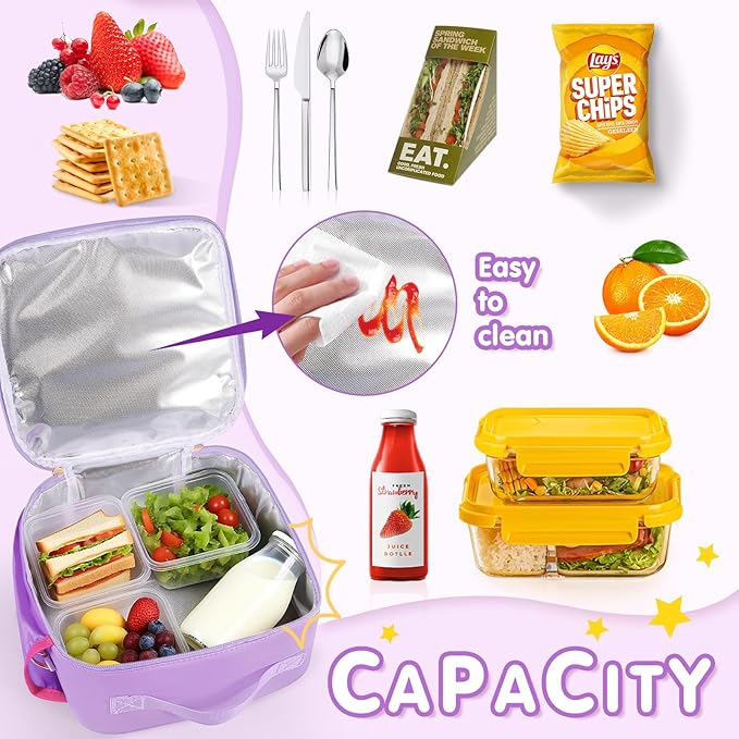 Nsrzua Lunch Bag Kids,Insulated Lunch Bag With Adjustable Shoulder Strap,Reusable Lunch Bag for Kids, Girls,Boys, lunch Bag Women,Preppy Lunch Box for School,Travel, Picnic (dark purple)