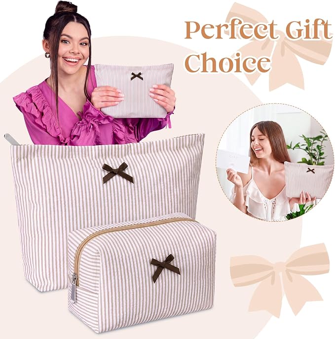 Huhumy 2 Pcs Bow Tie Makeup Bag Set, Stripe Cosmetic Pouch for Women, Seersucker Travel Toiletry Bag, Preppy Makeup Purse Pouch, Aesthetic Skincare Brushes Storage Organizer for Women Gifts (Khaki)