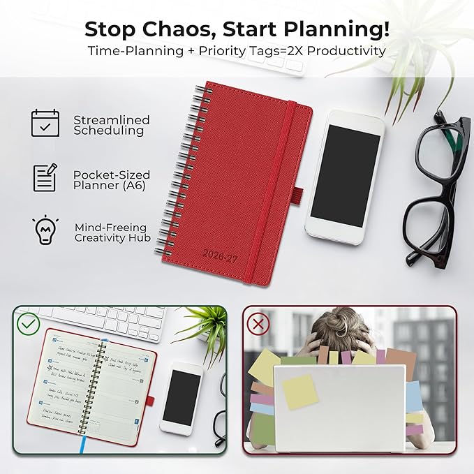 Planner 2026-2027 Daily Weekly and Monthly,6.5"x3.75",18 Months Spiral Bound Calendar Agenda with Self-adhesive Pen Holder,2026 Academic Plan with Vegan Leather Soft Cover,Red