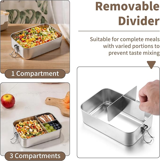 TeamFar 2 Pack Stainless Steel Bento Box, 47oz Metal Lunch Box with 3 Compartments for Adults/Kids, Lunch Food Containers for School/Work/Meal Prep, Leak-Proof & Dishwasher Safe, 1400ML