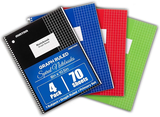 Mintra Office Spiral Notebooks, Wirebound, Journals for School, Work, Business, Aesthetic Stationery, Writing Pads, Teacher & Student Supplies (4, Solid Color, Graph)