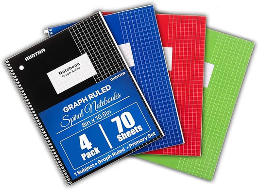 Mintra Office Spiral Notebooks, Wirebound, Journals for School, Work, Business, Aesthetic Stationery, Writing Pads, Teacher & Student Supplies (4, Solid Color, Graph)