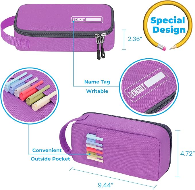 ECHSRT Large Capacity Pencil Case with Hidden Pocket, 1200D Oxford Fabric Zipper Pencil Pouch with Handle, Multi-Pocket Stationery Organizer for Office, College, Travel and Daily Carry, Purple
