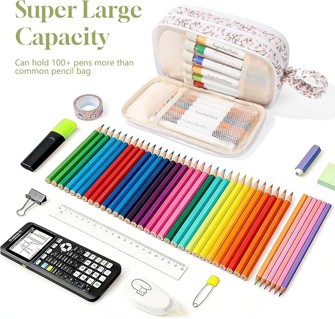 Corduroy Pencil Case, Large Capacity Pencil Pouch with 4 Compartments, Cute Soft Aesthetic Stationery Pen Bag Organizer with Zipper, Portable School Supplies for Teen and Adult Girls, Pink Flower