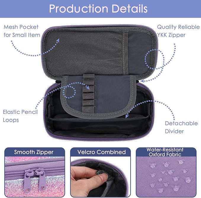 FlowFly Large Capacity Pencil Case for Kids, Boys & Girls – Zippered Multi-Functional Pen Pouch, Soft & Portable Pencil Bag for School, Teens, Students, Purple#Glitter