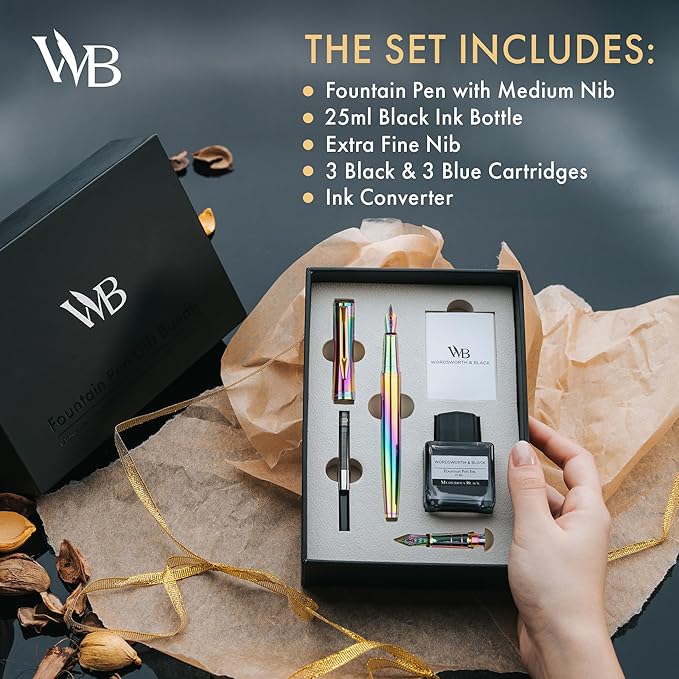 Wordsworth & Black Fountain Pen Set, 18K Gilded Medium and Extra Fine Nib, 25ML Black Ink Bottle, 6 Ink Cartridges,Refill Converter, Gift Box,Smooth Writing Pens [Rainbow],Gift Set for Men and Women