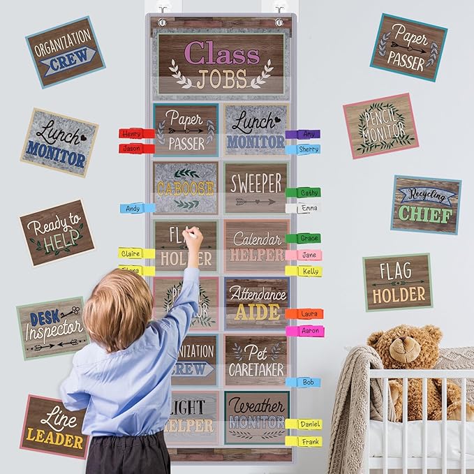 Blosssound Class Jobs Pocket Chart with 31 Cards 40 Colored Clips Classroom Teacher's Helper Management Educational Pocket Chart Bulletin Board Decorations Preschool Supplies (Farmhouse)