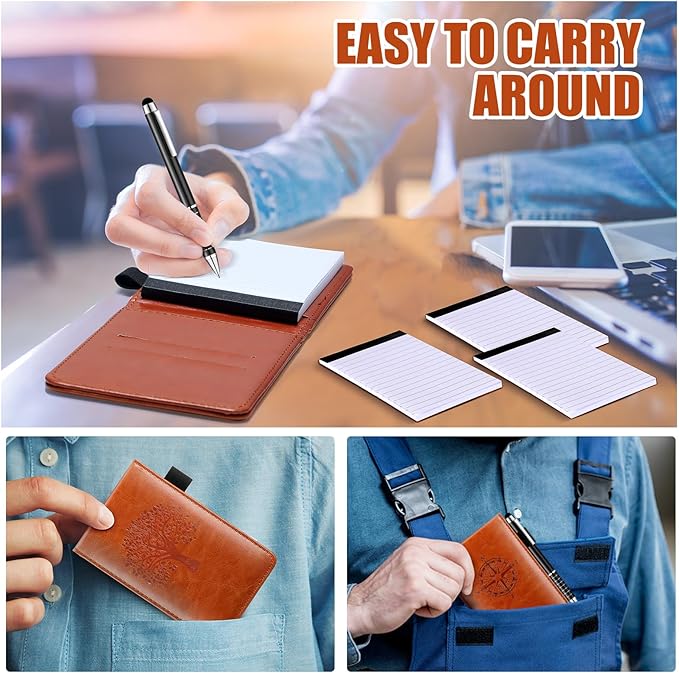 Teling 8 Pcs Mini Pocket Notepad Holder Set Leather Notepad Holder with Metal Pen Lined Sheet 6 Pcs 3 x 5 Inch Memo Book Refill for Office Restaurant School Supplies(Brown,Tree)
