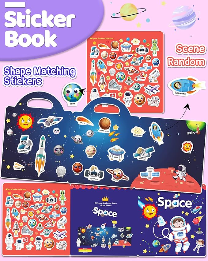 Benresive Reusable Sticker Book for Toddlers, Travel Stickers for Kids, Toddler Crafts Activities Toys, Birthday Gifts for Boys & Girls - Space