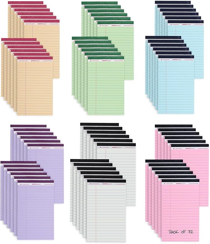 Roaring Spring Enviroshades Assorted Colored Small Legal Pads, 72 Pack, Legal Ruled Recycled Mini Writing Note Pads, 5" x 8", 50 Sheets, Perforated Memo Pad For School & Office, Made in USA