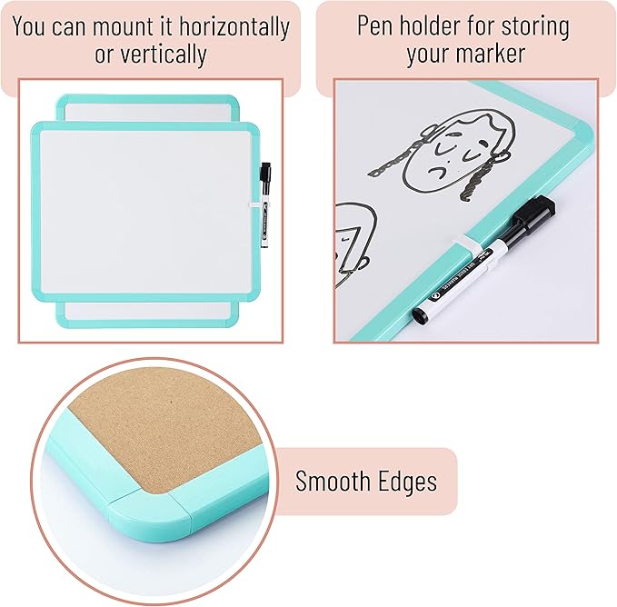 Mr. Pen- Dry Erase Board, 14” x 11” with a Black Dry Erase Marker, Mint Green Frame, Small Mini White Board for Students, Fridge, Wall, Locker, Includes Double Sided Tapes