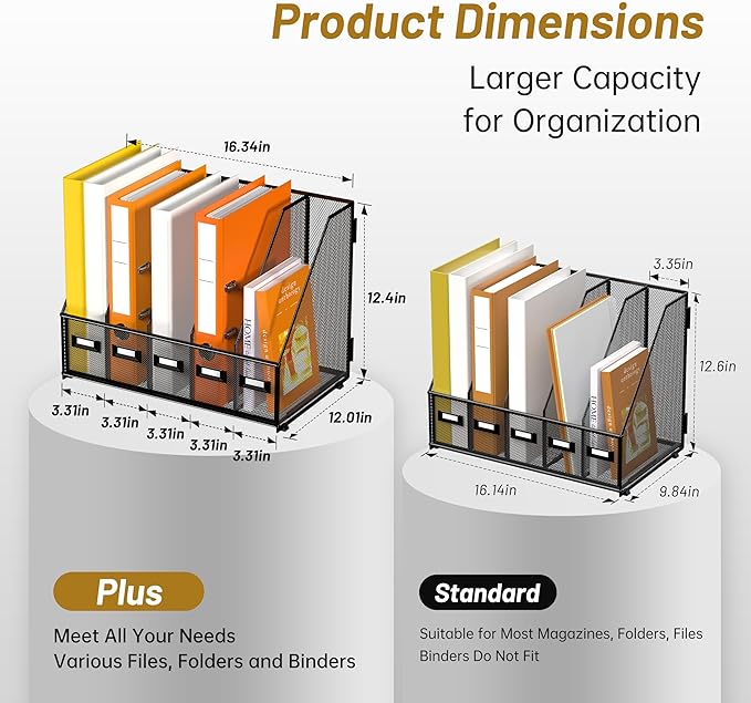 DALTACK 5 Vertical Compartments Magazine File Holder, Binder Organizer, Metal Desk Organizers for Office Home School Classroom Organization, Black Plus