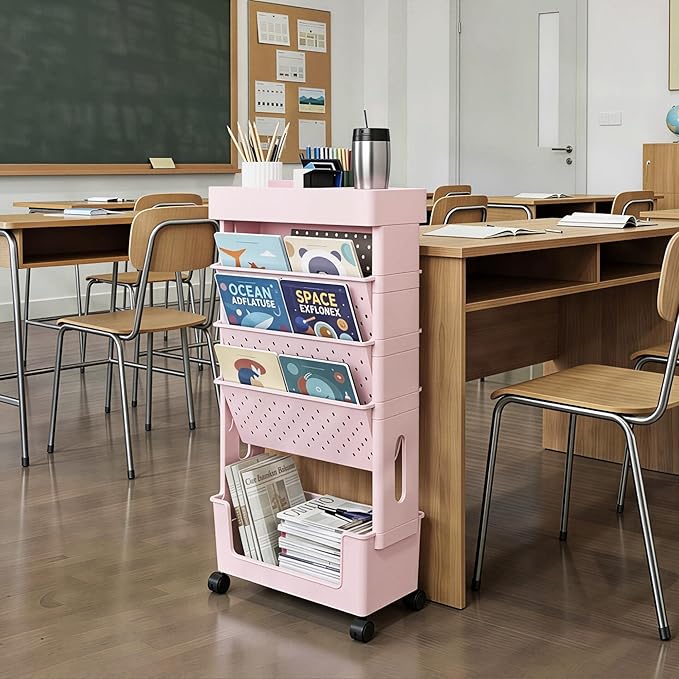 5-Tier Mobile Bookshelf, Rolling Bookcase Book Storage Rack, Movable File Folder Organizer Cart with Wheels for Home Study Office Living Room Classroom, Light Pink