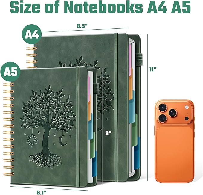Ovesmusl Hardcover Spiral Notebook 6.1" x 8.4" with 5 Removable Dividers 300 Pages Leather 5 Subject Notebook College Ruled 100GSM Large Spiral Notebooks for Work Thick Lined Journal for Women, Green