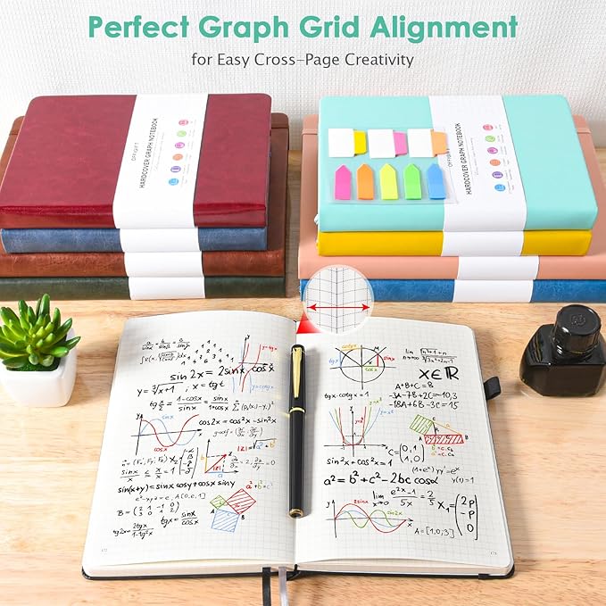 Graph Paper Notebook, 312 Numbered Pages Large A5 Hardcover Leather Journal, 100gsm No Bleed Grid Paper Notebook with Index Pages, Grid Notebook for Graphing Notes Math, 5.75" x 8.38", Teal
