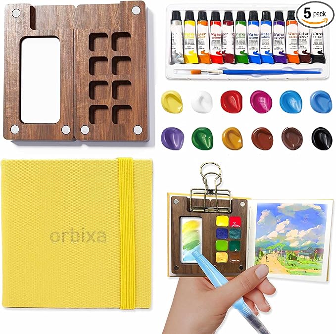 Orbixa Mini Watercolor Palette Paint Set Travel Size - 12 Color Paint with 8-Wooden Grid Palette,Mini Sketchbook & Brushes | Portable Artist Supplies Kit for Students, Beginners, Outdoors Use (yellow)