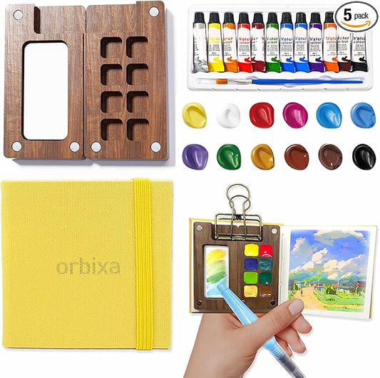 Orbixa Mini Watercolor Palette Paint Set Travel Size - 12 Color Paint with 8-Wooden Grid Palette,Mini Sketchbook & Brushes | Portable Artist Supplies Kit for Students, Beginners, Outdoors Use (yellow)