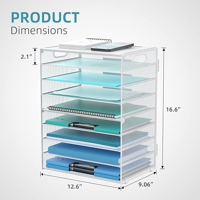DALTACK 9-Tier Paper Organizer for Desk, Mesh Letter Tray Desk Organizer with Handles, Space-Saving File Organizer for Office Home School, White