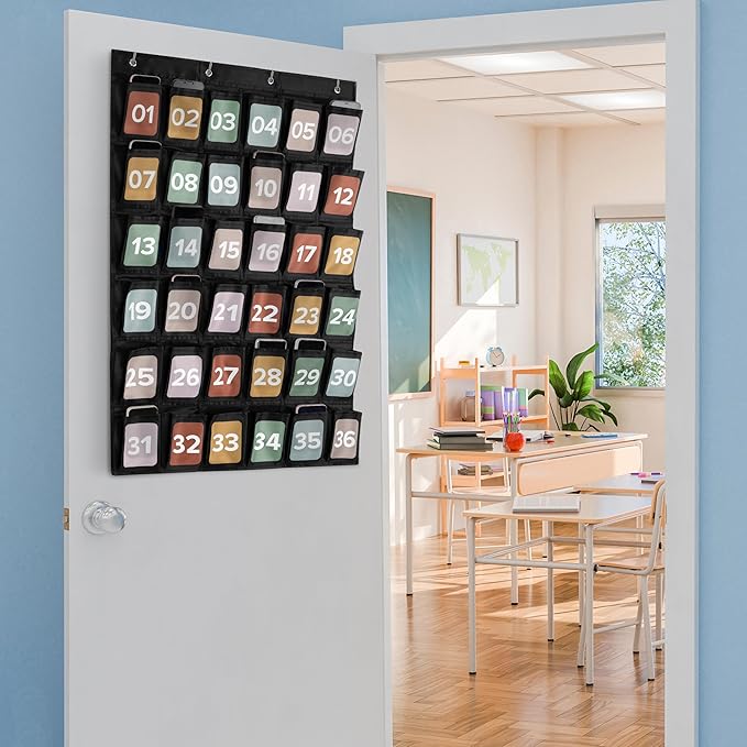 Premium Cell Phone Holder for Classroom - Durable Pocket Chart with 36 Numbered Slots & Hooks - The Perfect Hanging Chart for Phones, Calculators and Headphones Fits Nicely with Any School Decor