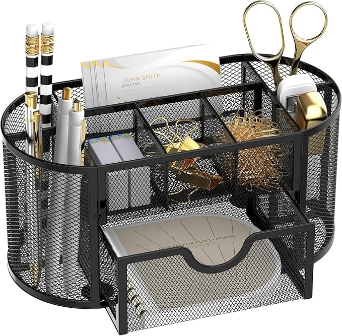 SUPEASY Mesh Desk Organizer, Desk Accessories & Workspace Organizers with Drawers, Pencil Holder for Desk with 9 Compartments for Office Supplies, School, Classroom, 8.6 x 4.3 x 4.1 Inch, Black