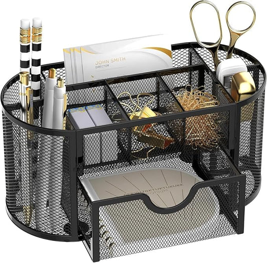 SUPEASY Mesh Desk Organizer, Desk Accessories & Workspace Organizers with Drawers, Pencil Holder for Desk with 9 Compartments for Office Supplies, School, Classroom, 8.6 x 4.3 x 4.1 Inch, Black