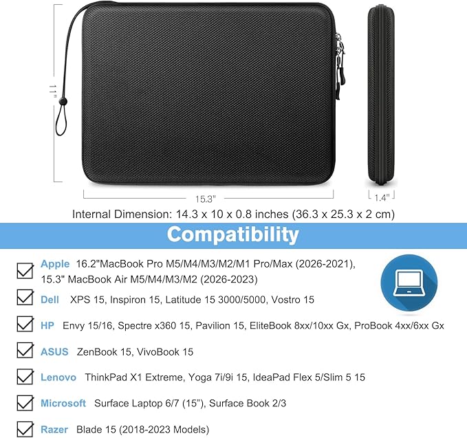 FINPAC Hard Laptop Sleeve Case for 15.3 inch MacBook Air M5/M4/M3/M2 (2026-2023) A3448 A3241 A3114, 16.2 inch MacBook Pro M5/M4/M3/M2 Pro/Max (2026-2021), Waterproof Case for Surface Laptop, Black
