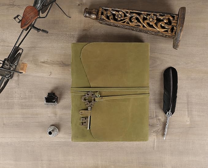 Leather Journal with Deckle Edge Paper 8x6 inch and Vintage Key | Handmade Writing Notebook Diary | Bound Daily Notepad for Men & Women Medium, Sketch/Writing pad for Artists