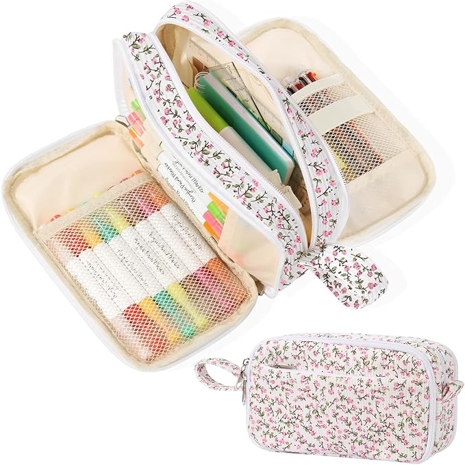 BuyCard Big Capacity Pencil Pouch, Pink Floral Corduroy 4-Compartment Pen Bag, Aesthetic Stationery Organizer for Teen Girls Women, Must-Have for Teacher, Makeup & Electrical Goods Storage Case