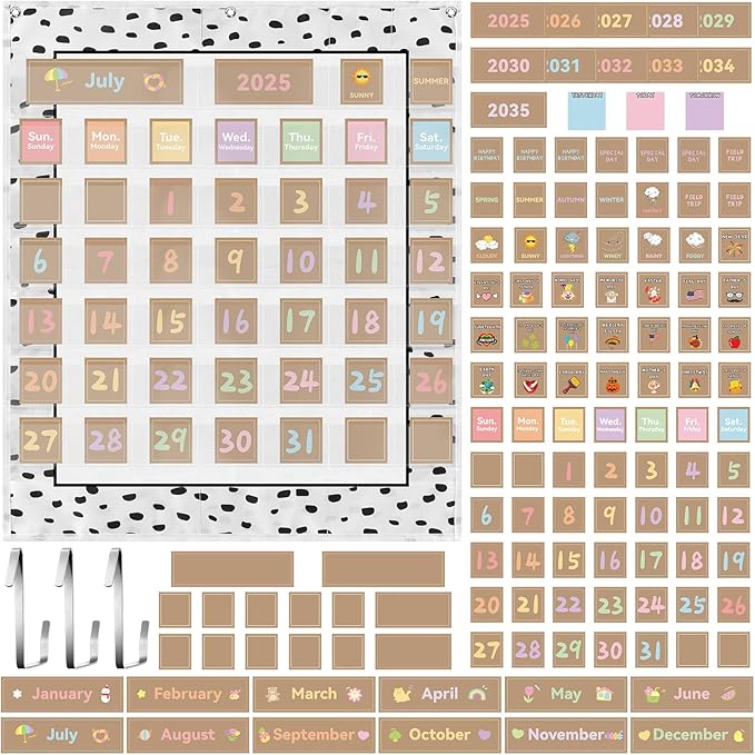 Weysat Classroom Calendar Pocket Chart Set Calendar Bulletin Board with Pocket Bulletin Board Season Festival Weather Date Chart for Preschool Elementary School Teacher Supplies(128 Pcs,Boho)