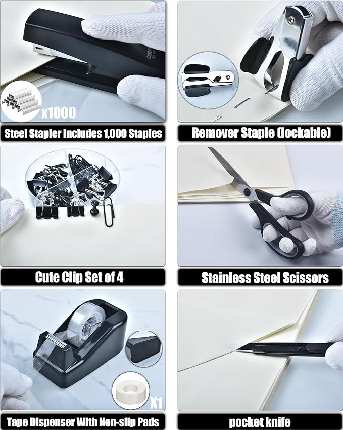 Black Desk Accessories, 24Pcs Office Supplies and Desk Organizers, with Tape Dispenser, Stapler, Staple Remover, Ect, Gift Box Packaging
