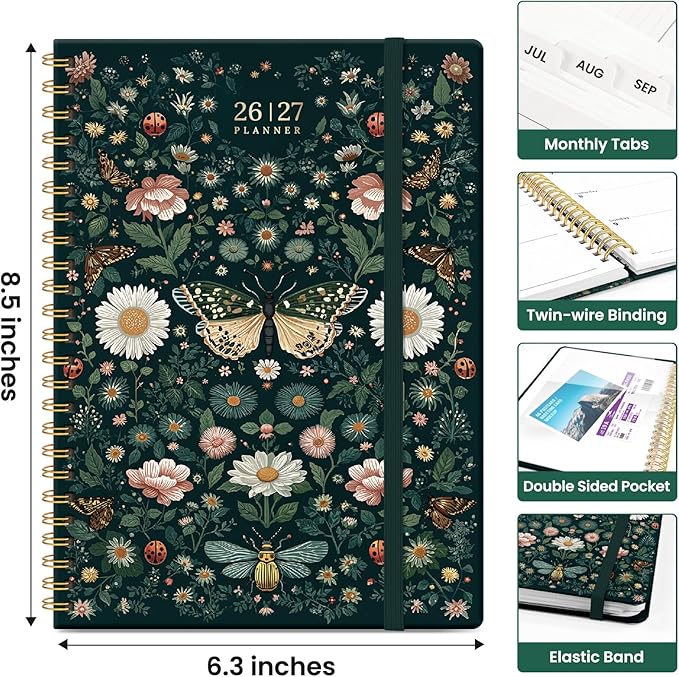 Planner 2026-2027, Academic Year Monthly and Weekly Calendar Planner, Jul 2026 - Jun 2027, Hardcover Teacher Student Planning Agenda book with Tabs, Perfect for School Office Supplies, 6.3" x 8.5" - Insects in Blooms