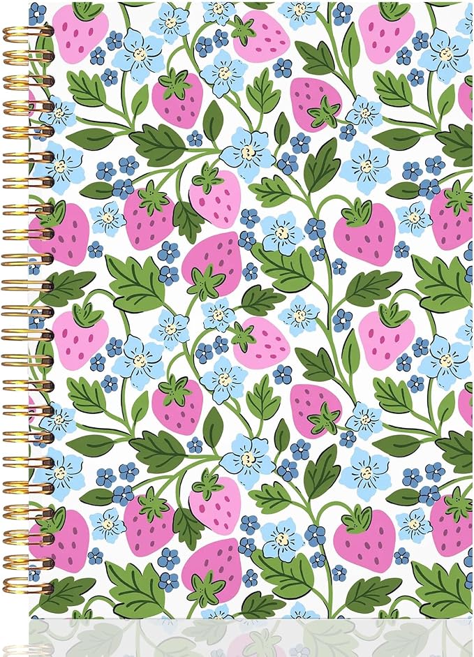 UTELKA Pink Strawberry Spiral Notebook Strawberry Journal Notebook 5.5x8.3, Rustic Blue Flroal Cottagecore Cute Notebook Journal for Office Work Books for Student Strawberries School Supplies