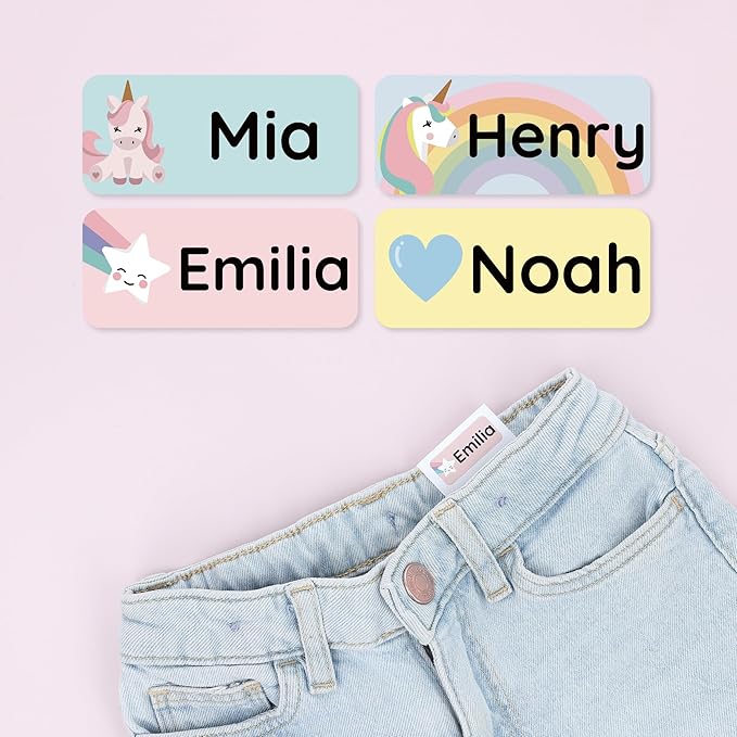 Personalized Name Labels for Kids (180) – Custom Waterproof & Durable Stickers for Clothing, Daycare, Office & School Supplies - Unicorns