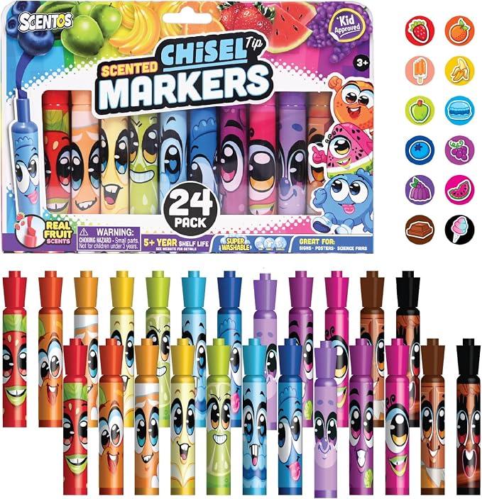 Scentos Scented Chisel Tip Markers 24 Pack, With Fruit Scent, 12 Assorted Colors, Different Fruity Each, Washable Markers, Marker for Kids, for Posters and Science Fairs, Super Washable Ink.