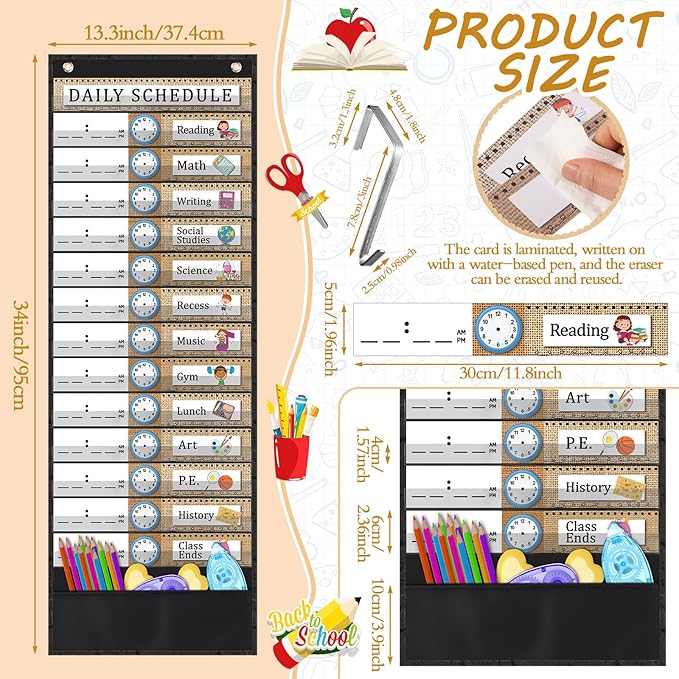 Chiisong Daily Schedule Pocket Chart, 14+1 Pocket, with 40 Pcs Reusable Dry Eraser Cards Calendar for Classroom Toddler Schedule Chart Office Home Activity(Burlap Style)