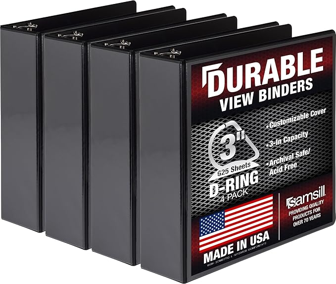 Samsill Durable 3 inch 3 Ring Binder, D Ring Binder, 100% Recycled Chipboard, Black, 4 Pack